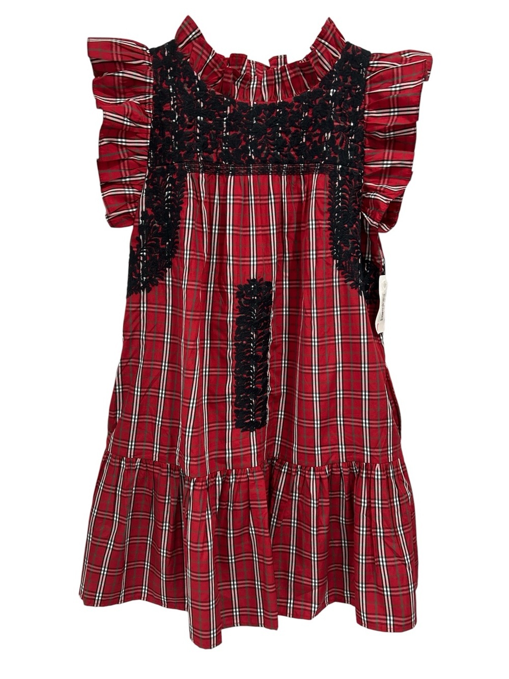 NWT J. Marie Rayna Ruffle Neck Tartan Plaid Red Embroidered Tiered Shift Dress S